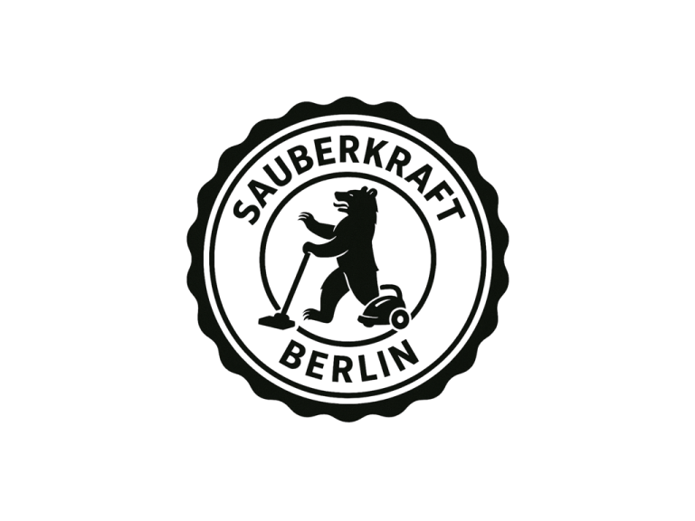 Logo von Sauberkraft Berlin mit einem Bären, der einen Staubsauger benutzt.